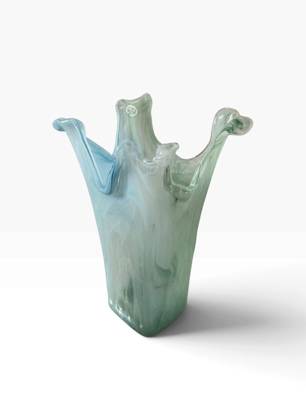 Vtg Lovarazione Art Murano glass aqua blue & green swirl ruffled vase Italy